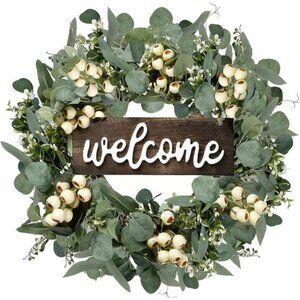 Green Artificial Eucalyptus Wreath with Welcome Sign 20in Spring Summer Wreath